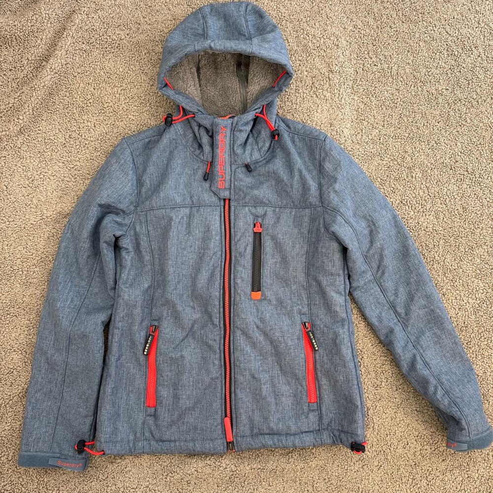 Superdry Windtrekker Hooded Jacket Women’s L Heathered Blue Gray Fleece